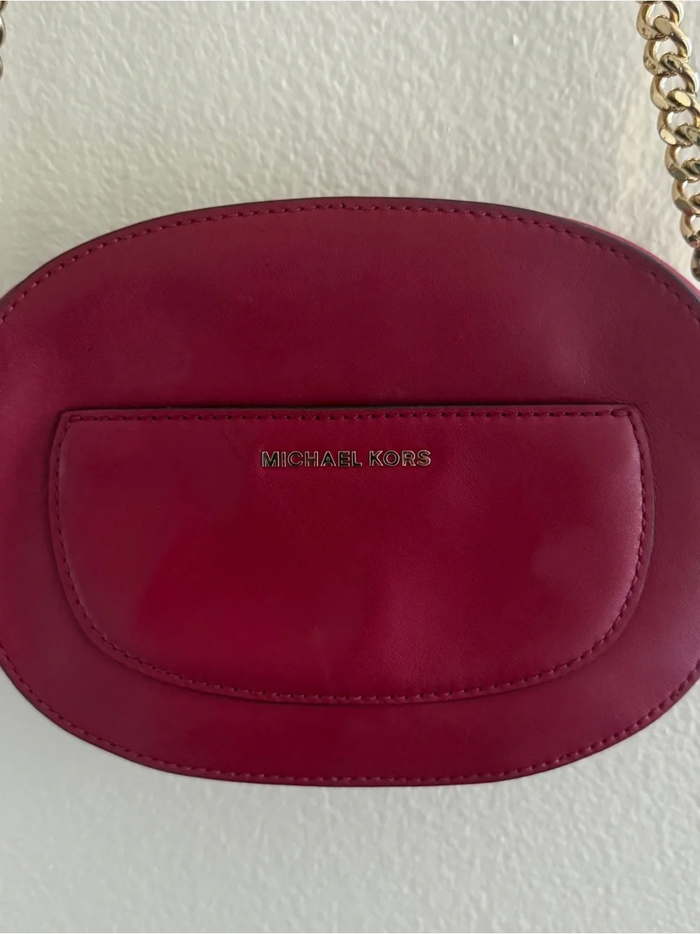Michael Kors Red Burgundy Leather Oval Crossbody with Gold Chain
